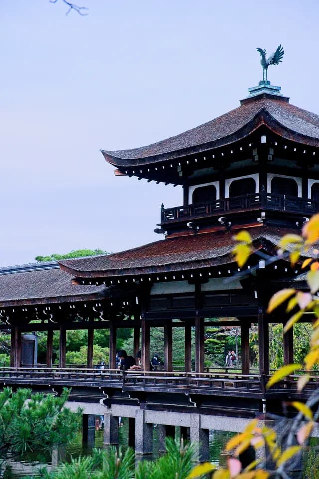 Temple eaves and autumn leaves in Kyoto