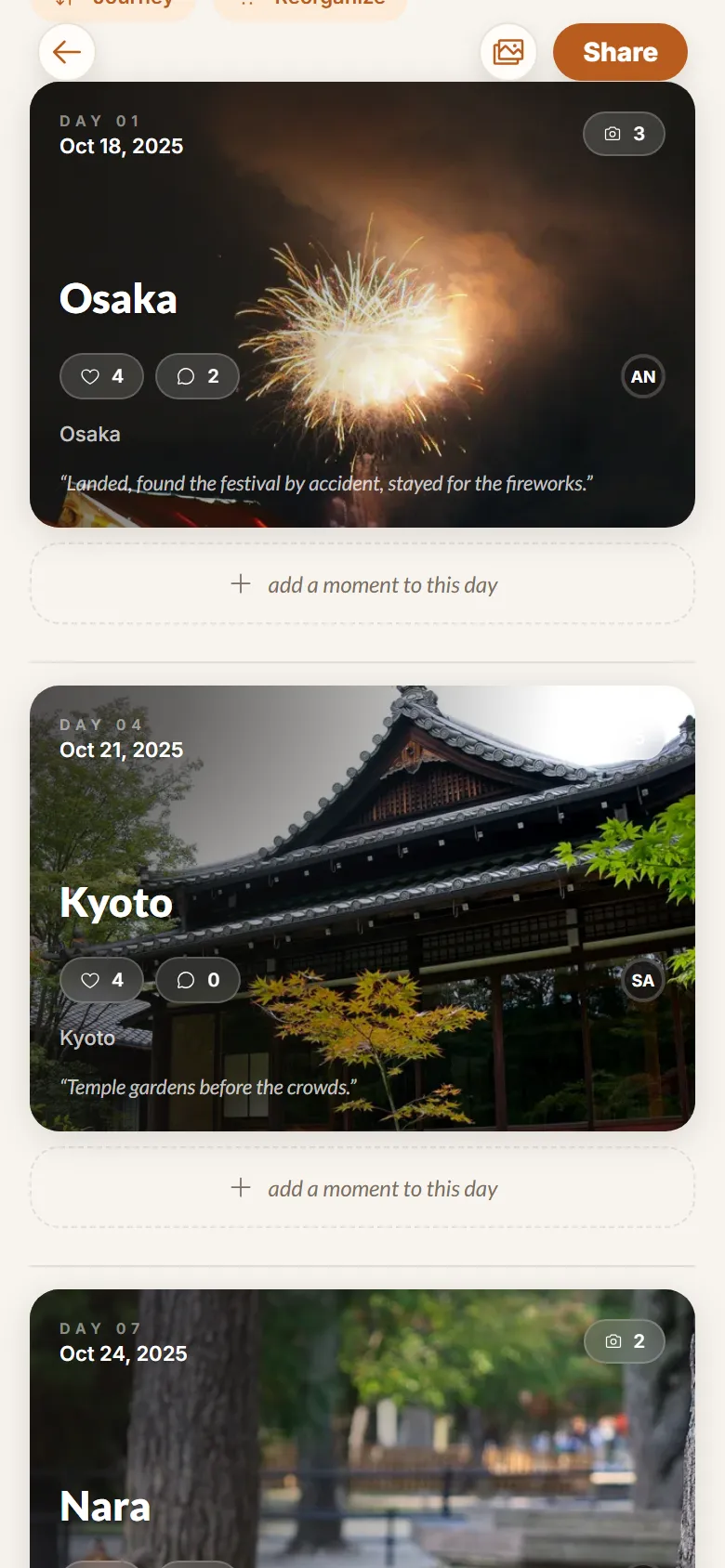 The Japan album's timeline: Day 1 in Osaka and Day 4 in Kyoto, each with its photo count, likes, comments and a note